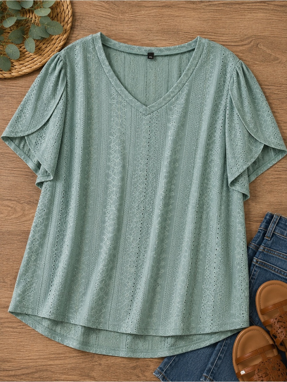 SHEIN Curve Sage Green Eyelet Petal Sleeve Blouse Plus 3XL